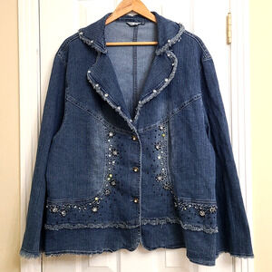 Diva Denim Blue Beaded Button Up Jacket Y2K 90s Embellished Art to Wear Size 24